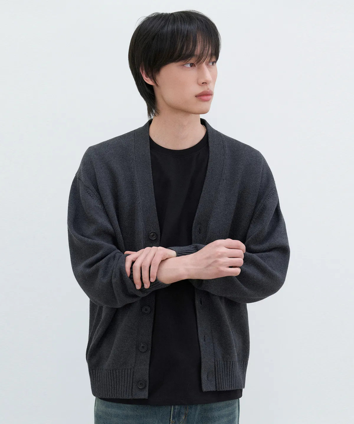 Essential Cotton V-Neck Knit Cardigan [Charcoal]