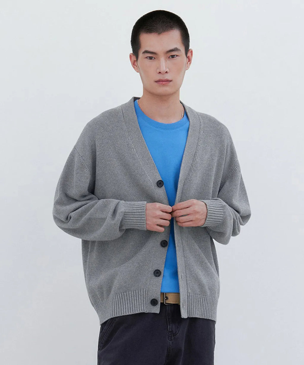 Essential Cotton V-Neck Knit Cardigan [Gray]