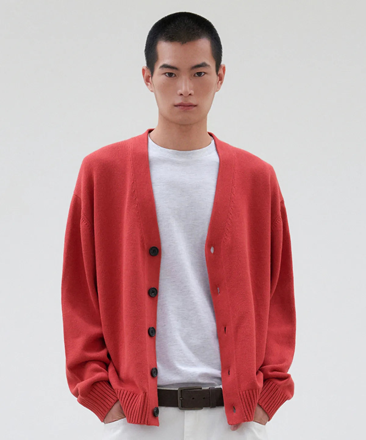 Essential Cotton V-Neck Knit Cardigan [Brick]