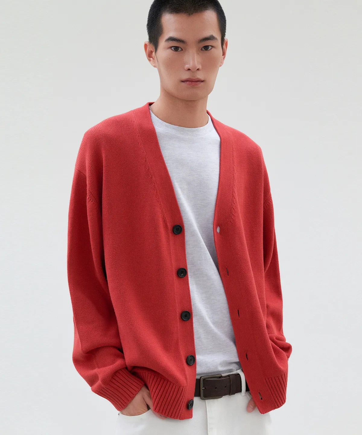 Essential Cotton V-Neck Knit Cardigan [Brick]