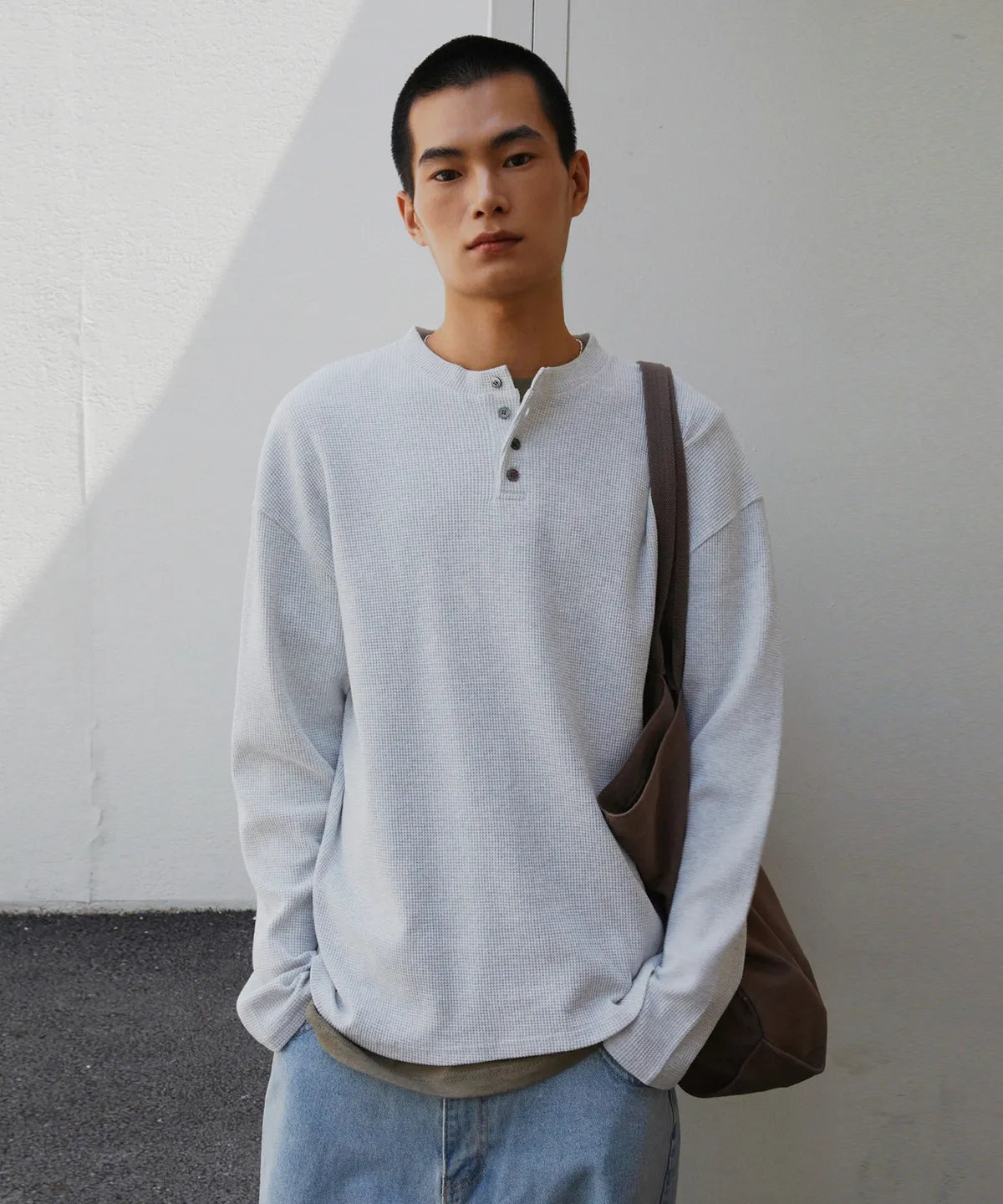 Waffle Henley Long Sleeve T-Shirt [White Melange]