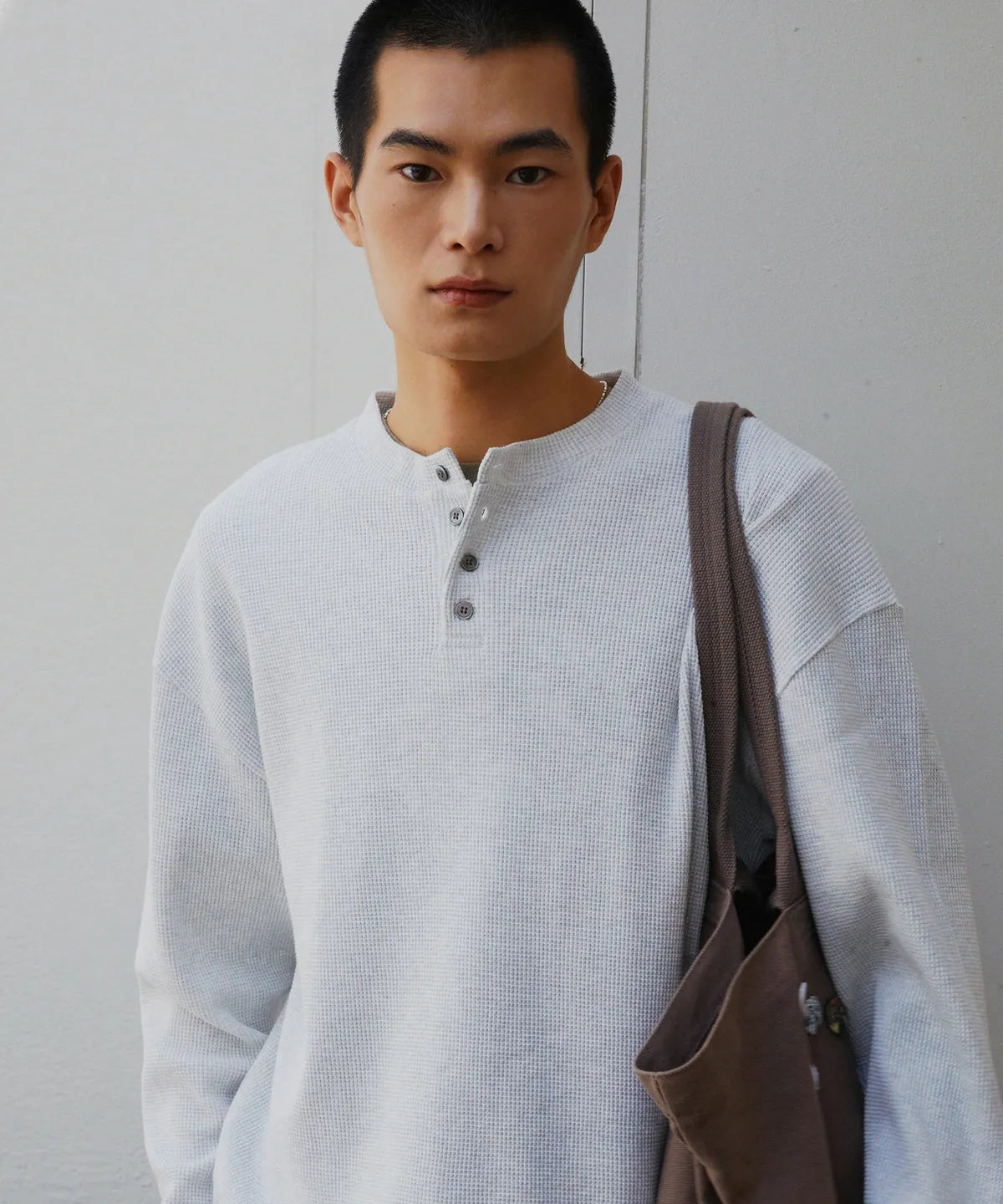 Waffle Henley Long Sleeve T-Shirt [White Melange]