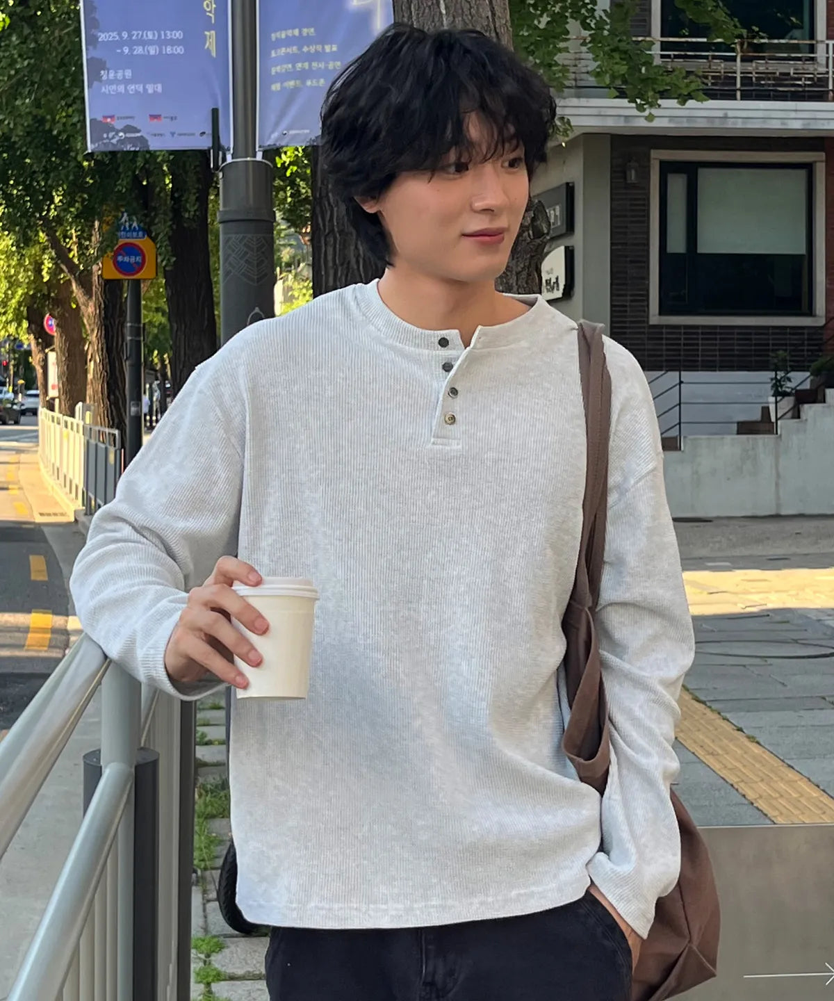 Waffle Henley Long Sleeve T-Shirt [White Melange]