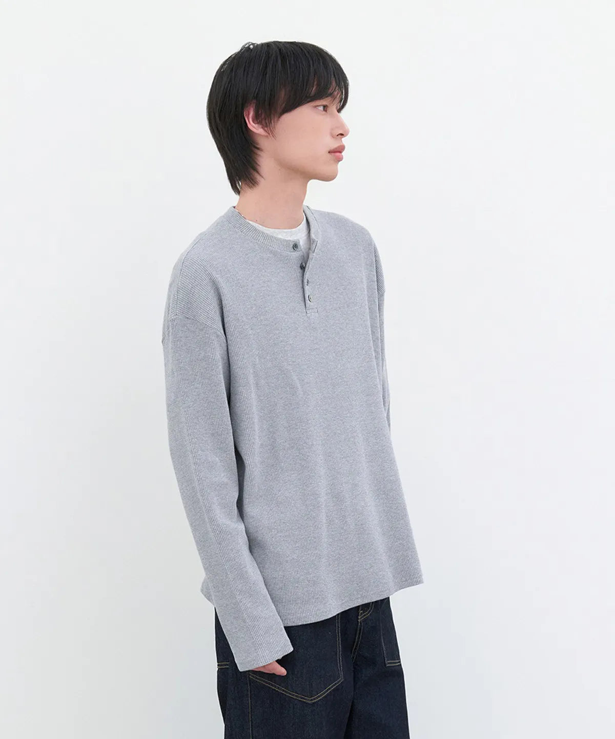 Waffle Henley Long Sleeve T-Shirt [Gray]