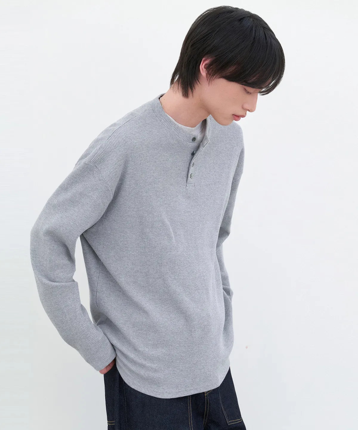Waffle Henley Long Sleeve T-Shirt [Gray]