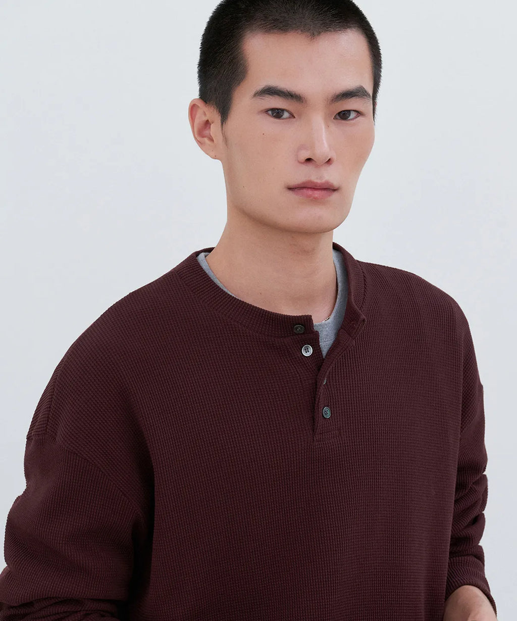 Waffle Henley Long Sleeve T-Shirt [Burgundy]