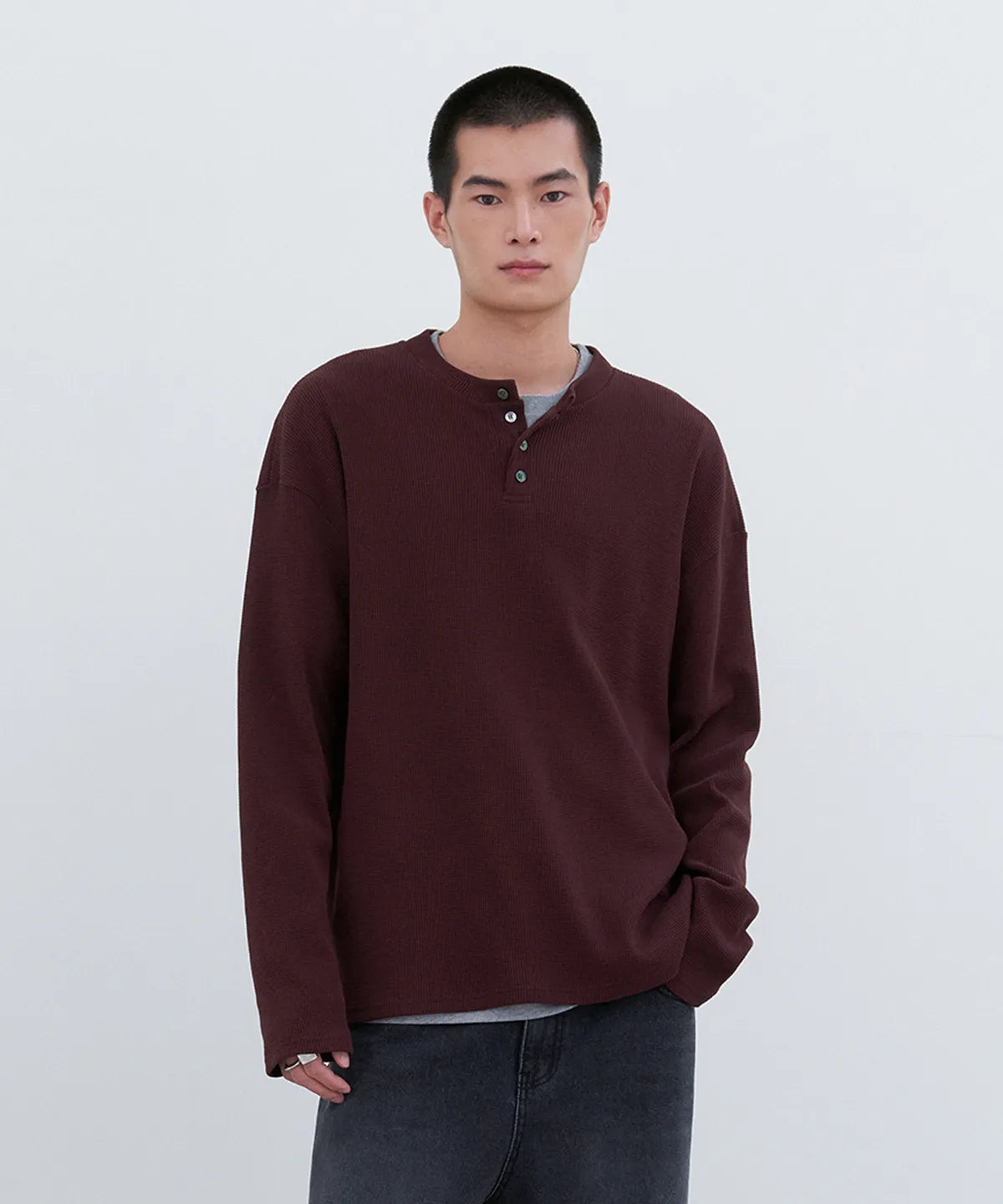 Waffle Henley Long Sleeve T-Shirt [Burgundy]