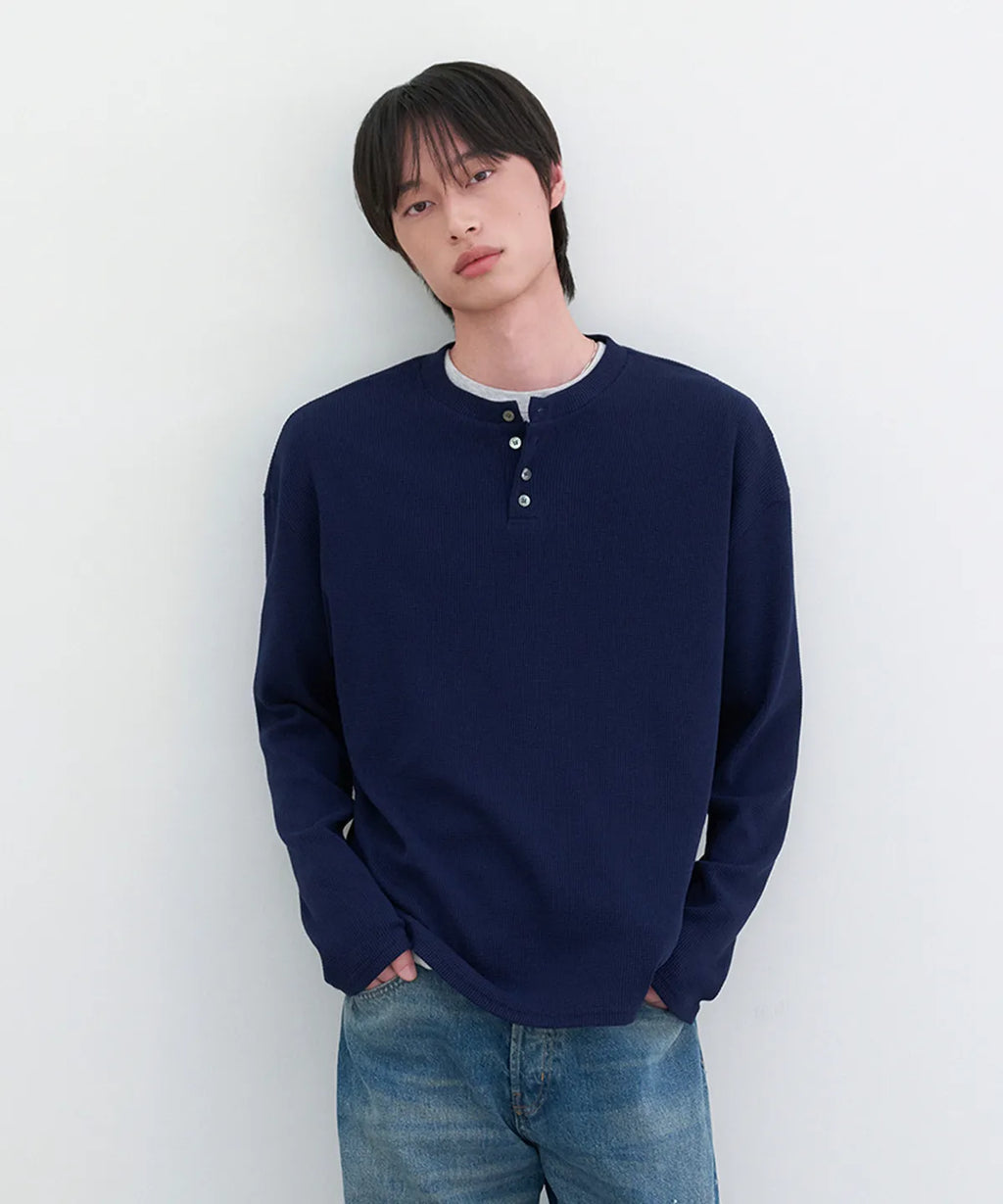 Waffle Henley Long Sleeve T-Shirt [Deep Navy]