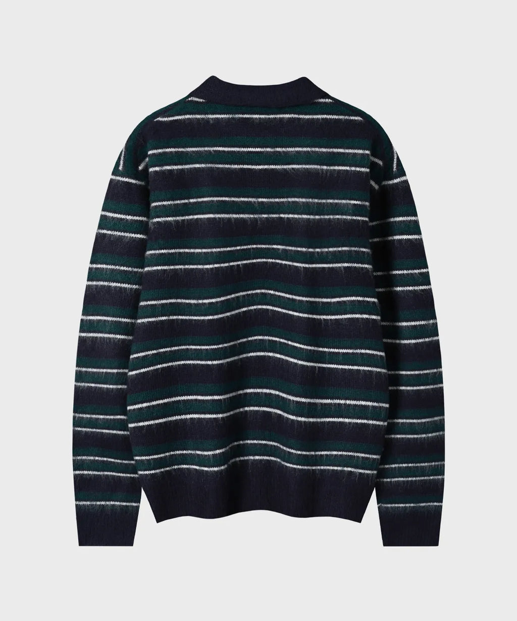 Stripe Brush Collar Crop Knit [Navy Green ST]