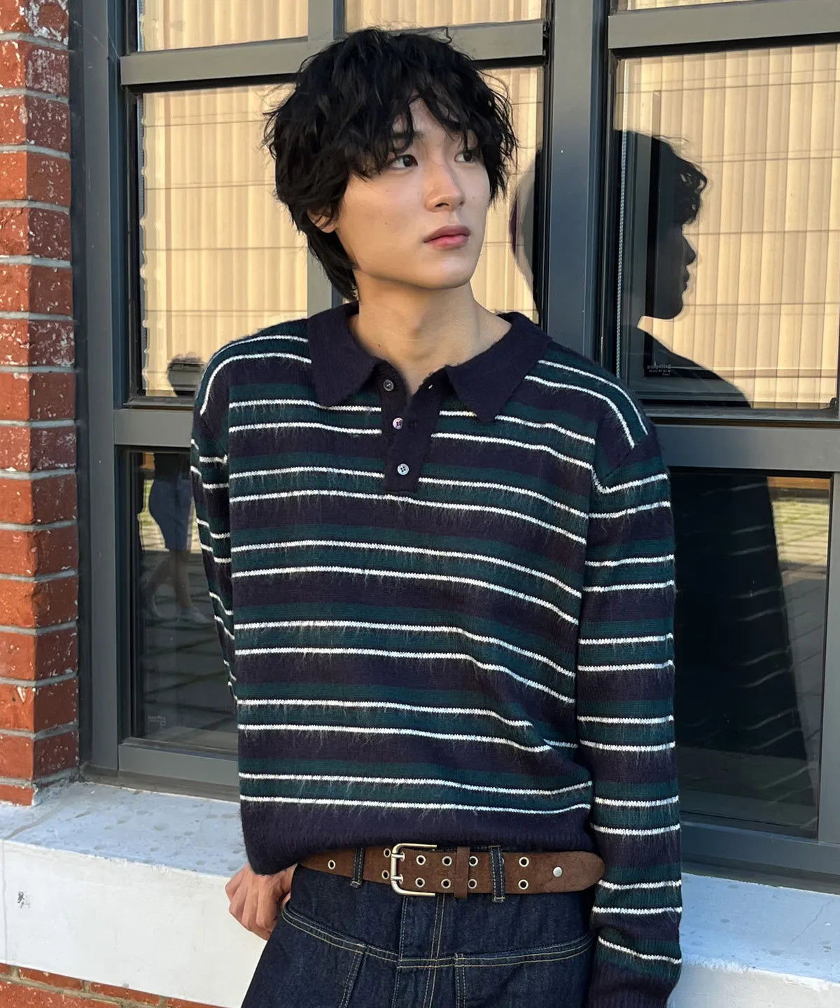 Stripe Brush Collar Crop Knit [Navy Green ST]