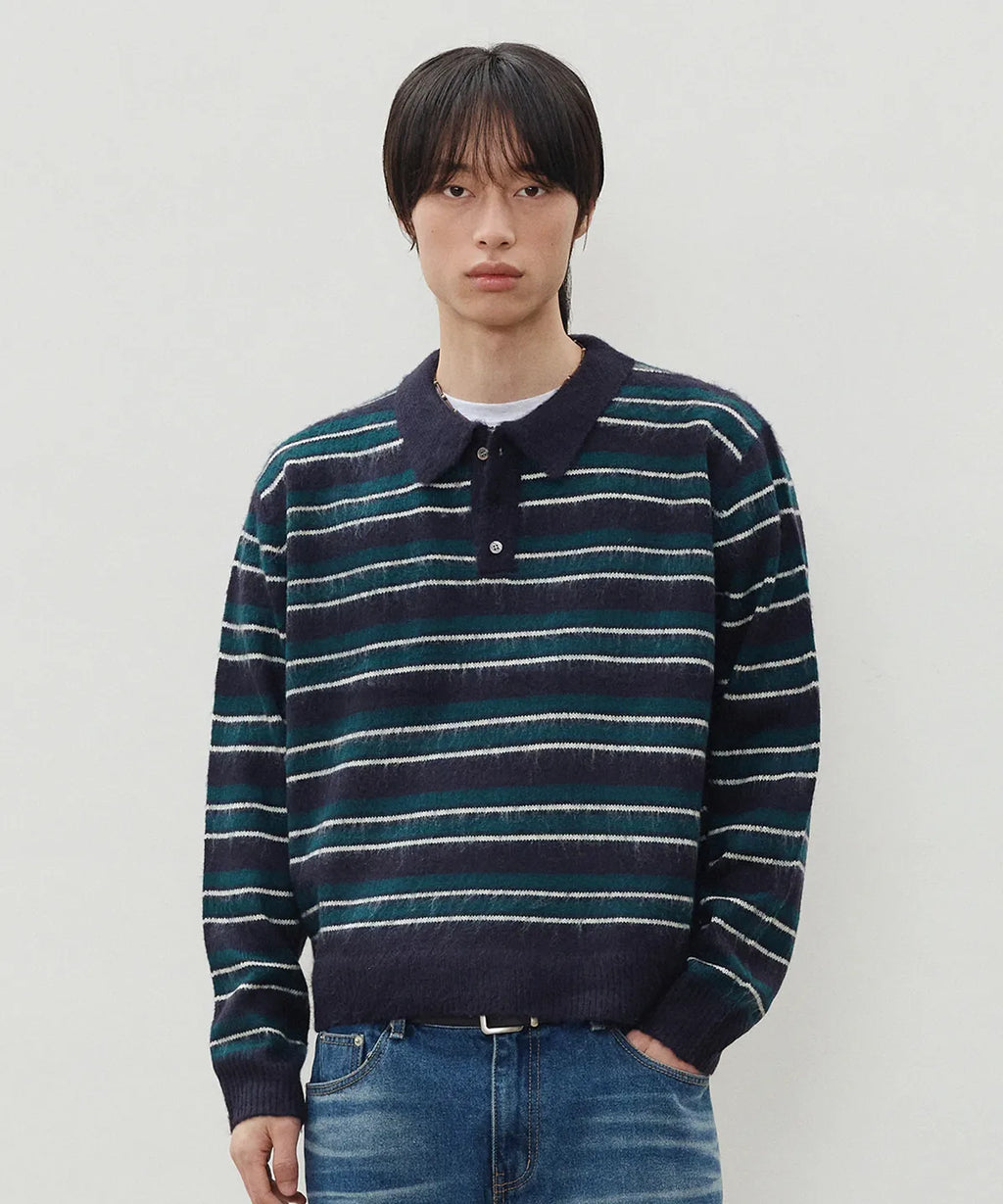 Stripe Brush Collar Crop Knit [Navy Green ST]
