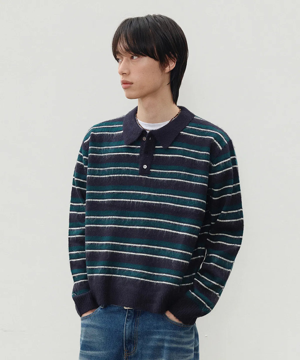 Stripe Brush Collar Crop Knit [Navy Green ST]