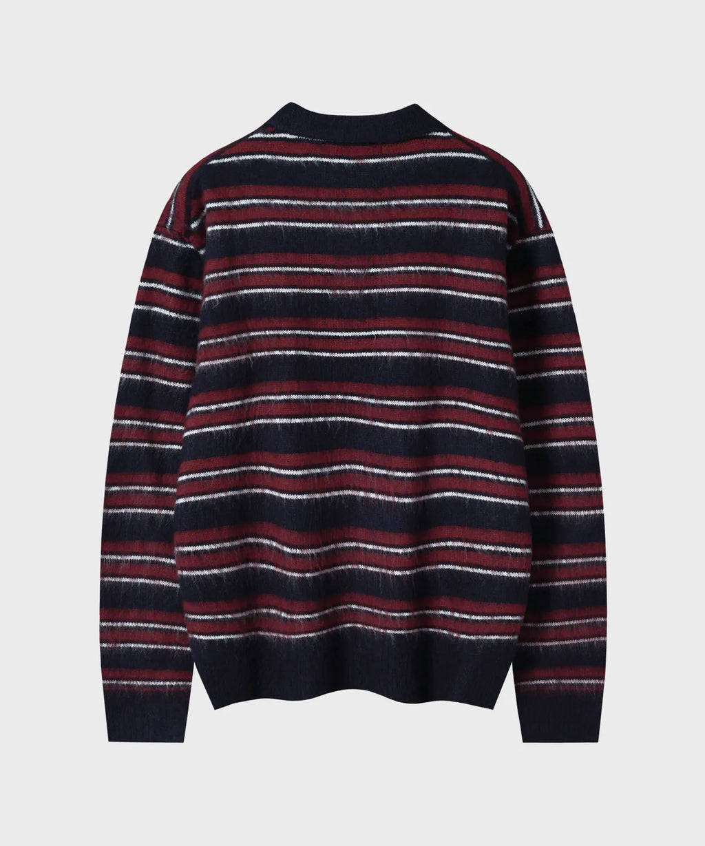 Stripe Brush Collar Crop Knit [Navy Burgundy ST]