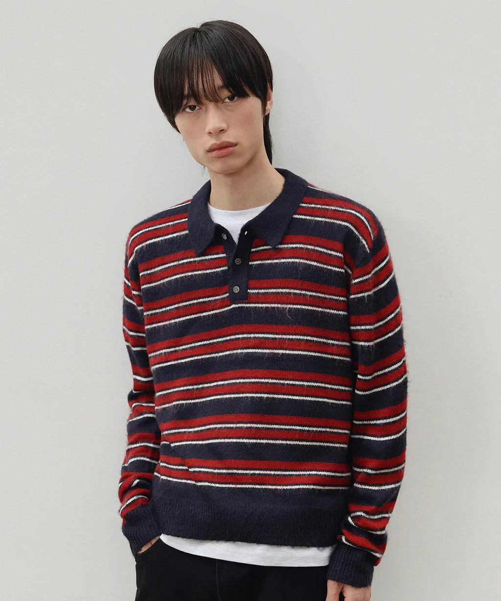 Stripe Brush Collar Crop Knit [Navy Burgundy ST]