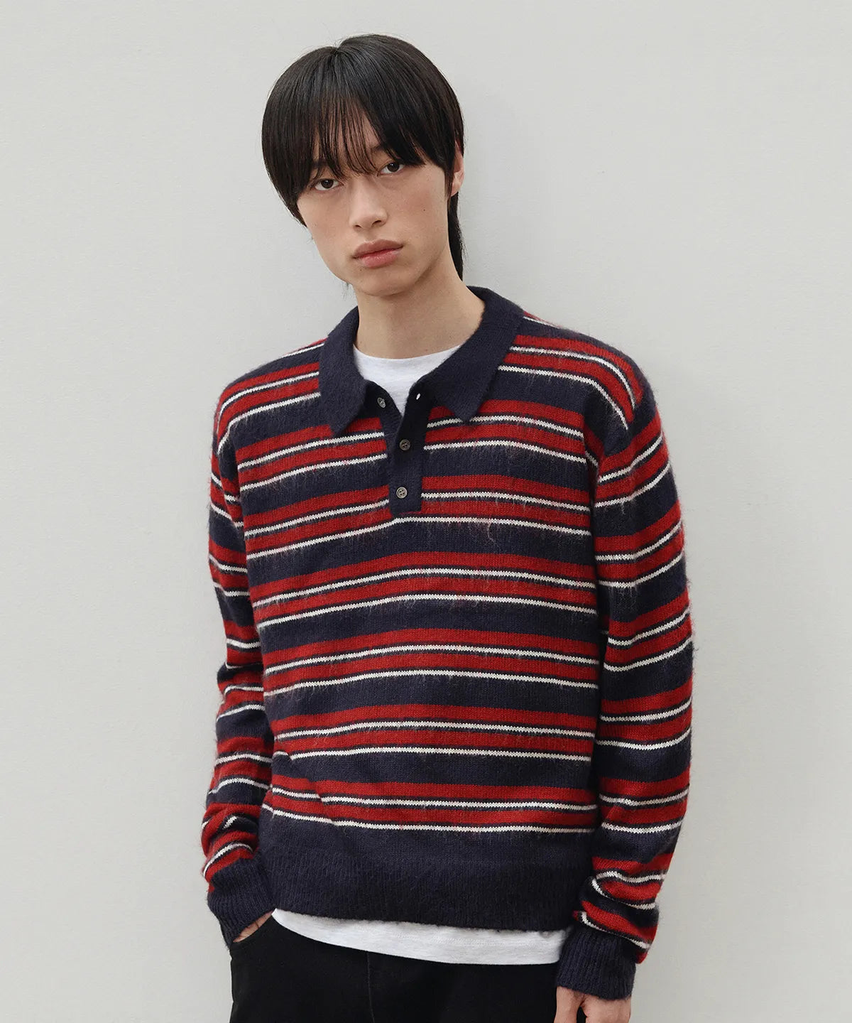 Stripe Brush Collar Crop Knit [Navy Burgundy ST]