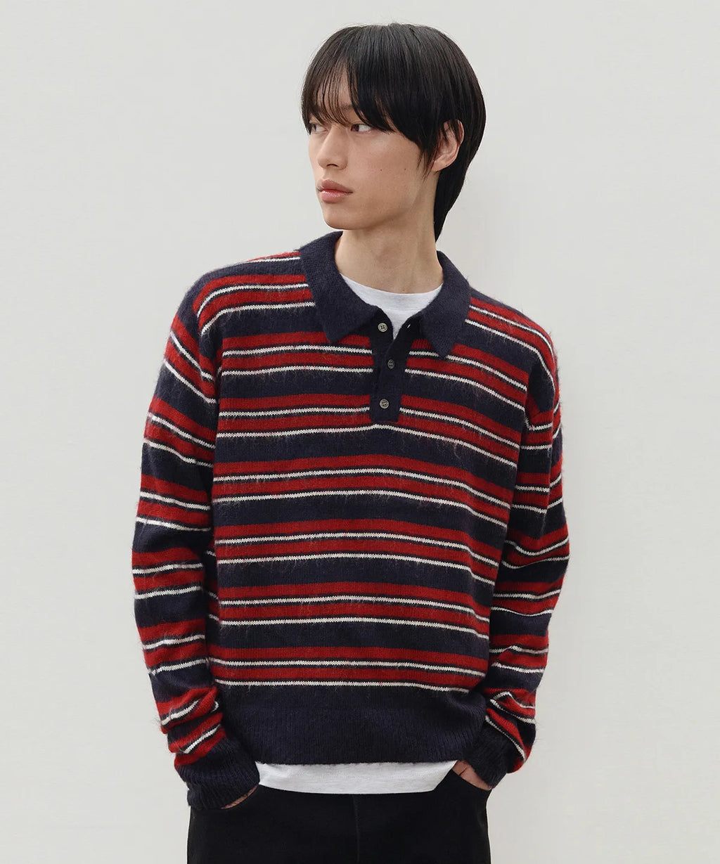 Stripe Brush Collar Crop Knit [Navy Burgundy ST]