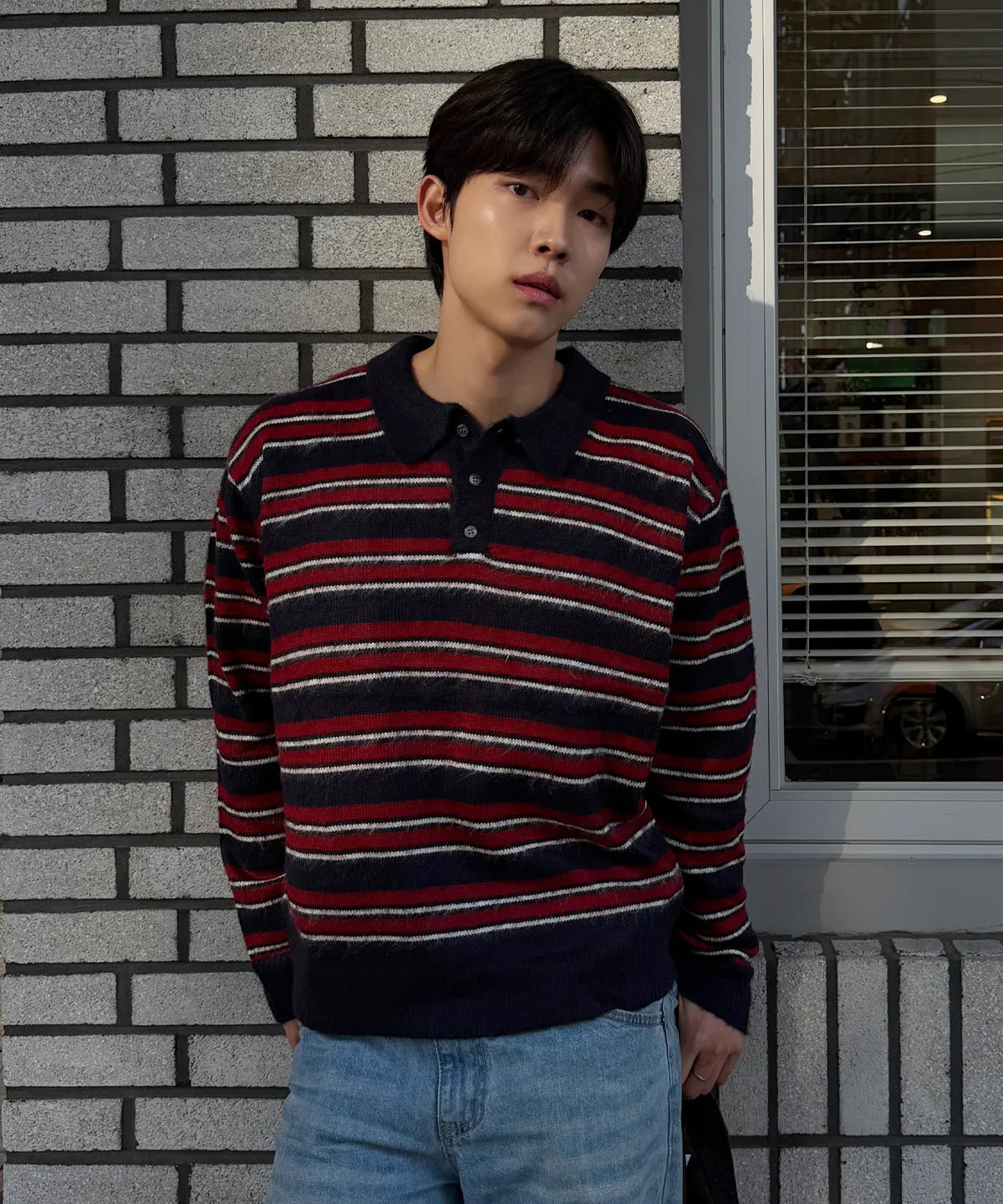 Stripe Brush Collar Crop Knit [Navy Burgundy ST]