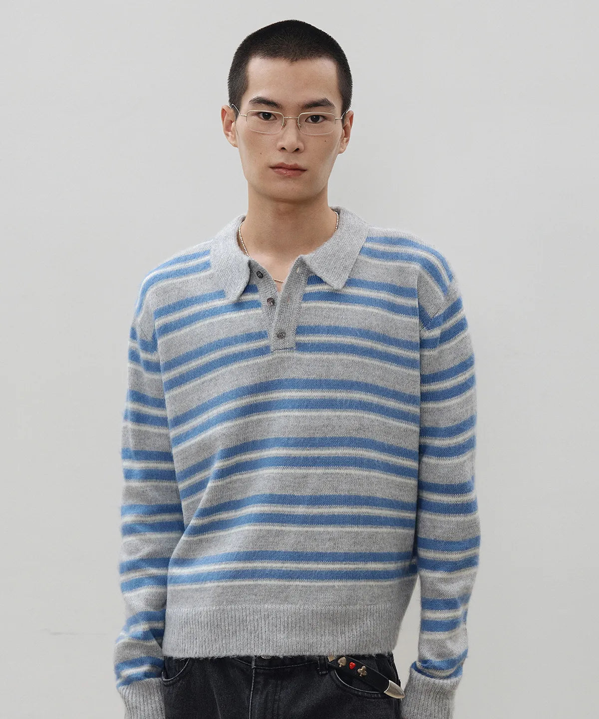 Stripe Brush Collar Crop Knit [Gray ST]