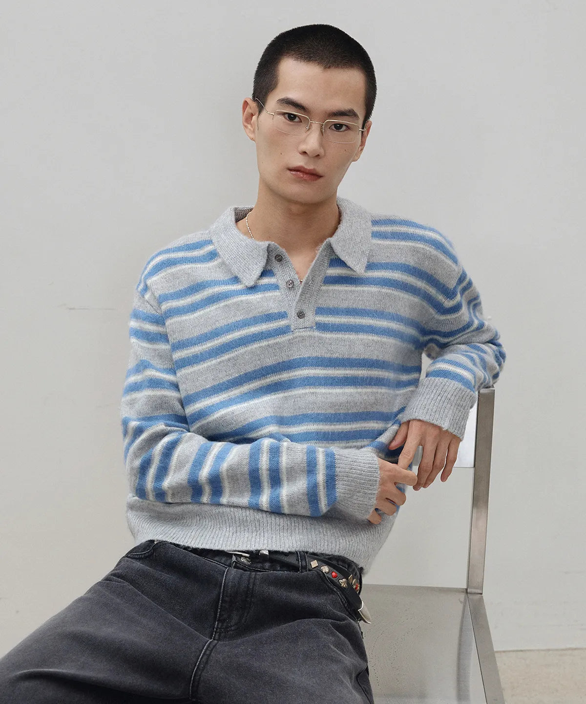 Stripe Brush Collar Crop Knit [Gray ST]