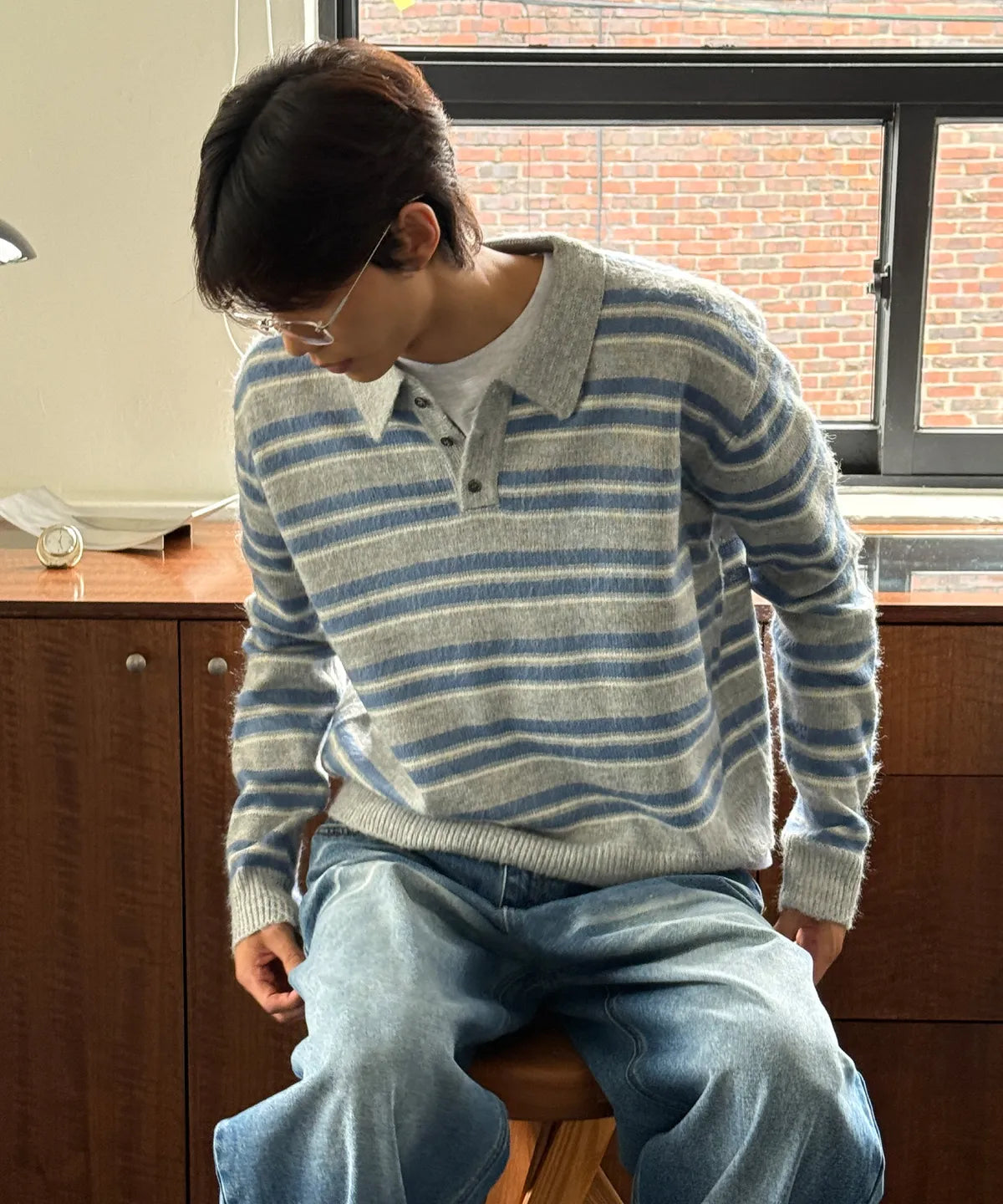 Stripe Brush Collar Crop Knit [Gray ST]