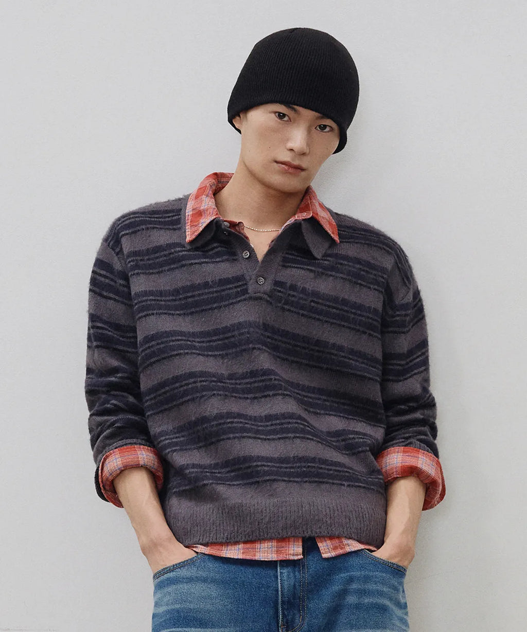 Stripe Brush Collar Crop Knit [Charcoal ST]