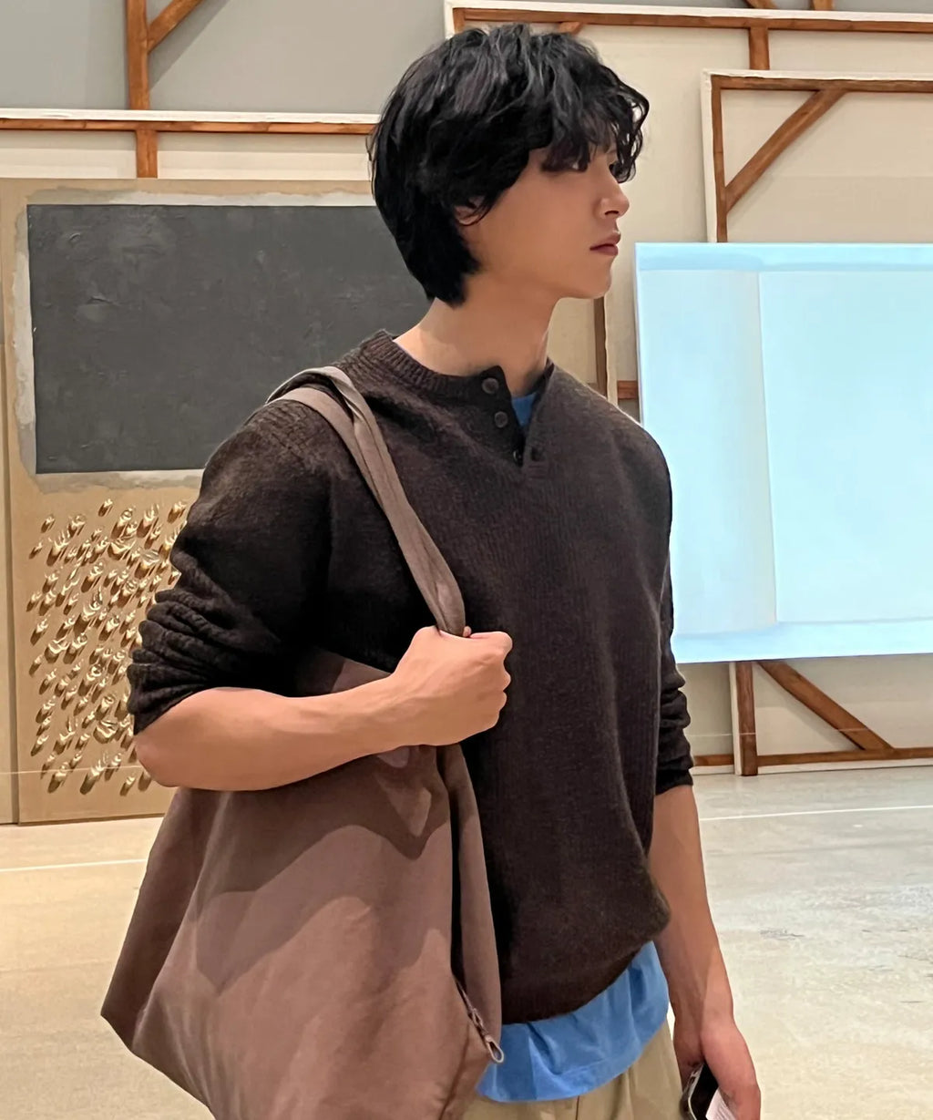 Ribbed Oversized Henley Neck Knit [Brown]