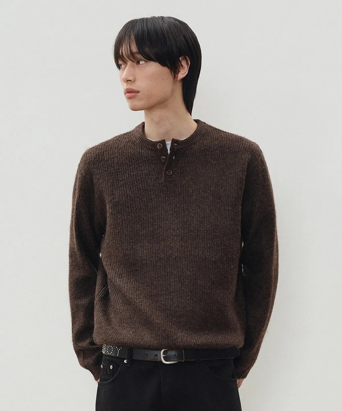 Ribbed Oversized Henley Neck Knit [Brown]