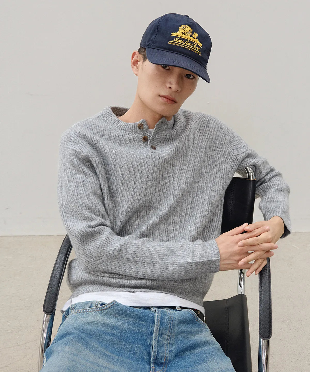 Ribbed Oversized Henley Neck Knit [Gray]