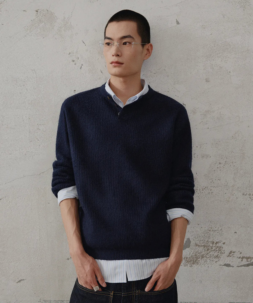 Ribbed Oversized Henley Neck Knit [Navy]