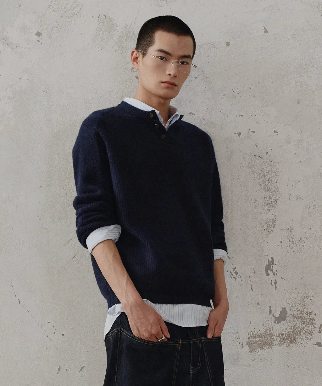 Ribbed Oversized Henley Neck Knit [Navy]