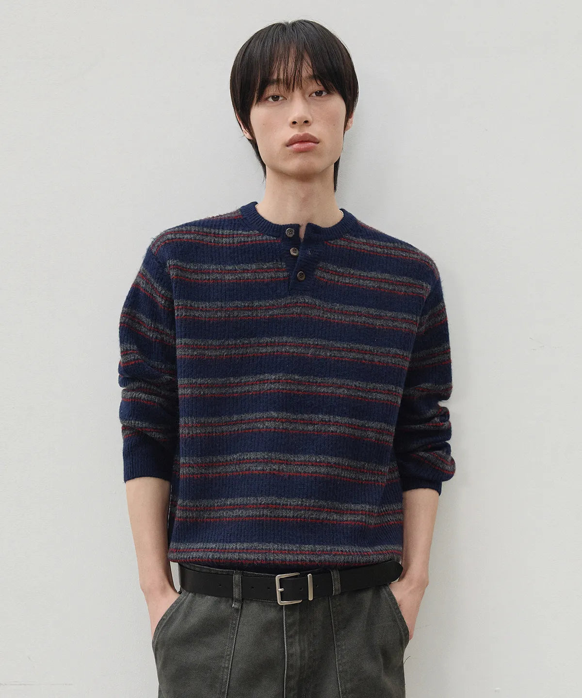 Ribbed Oversized Henley Neck Knit [Navy ST]