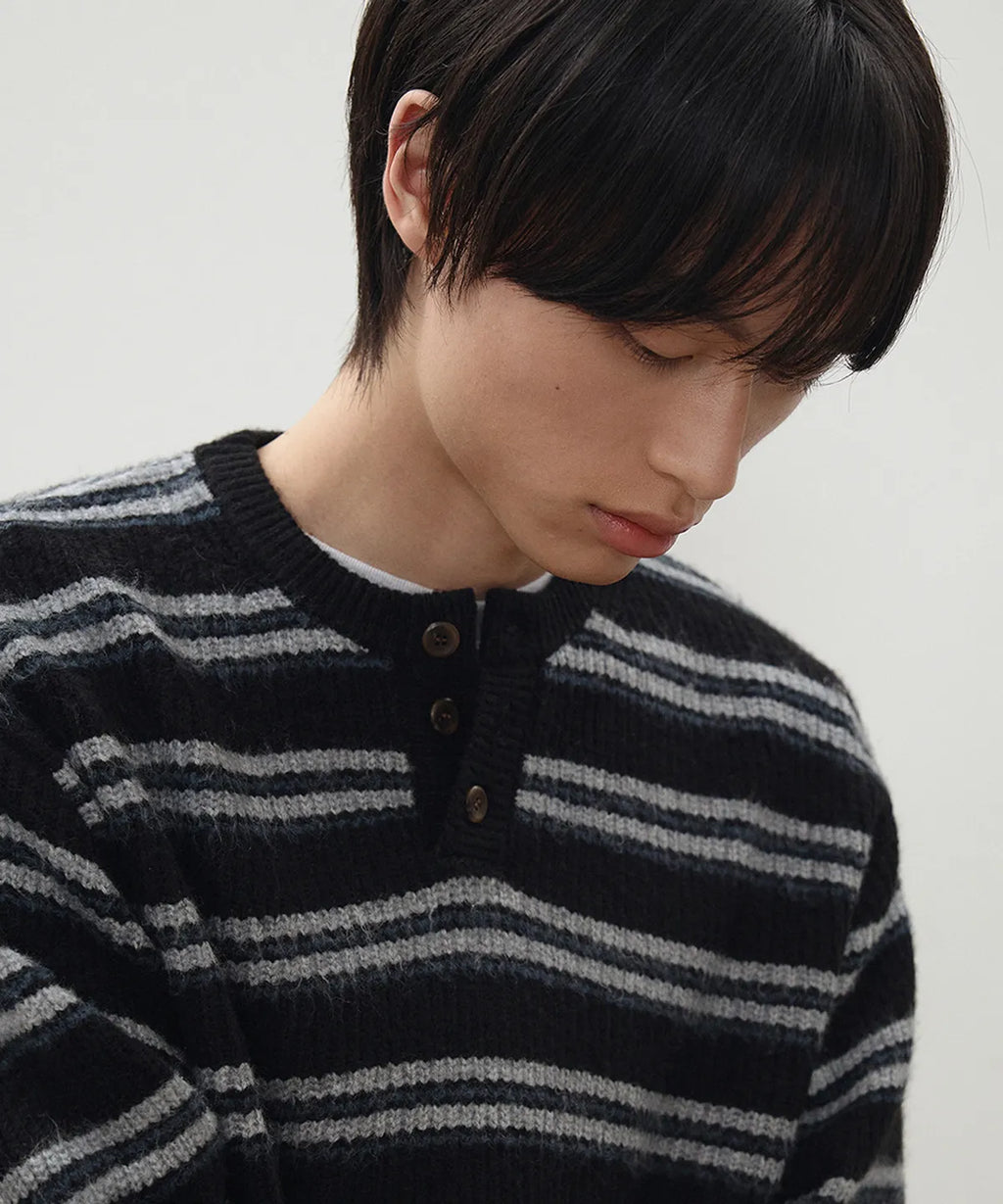 Ribbed Oversized Henley Neck Knit [Black ST]