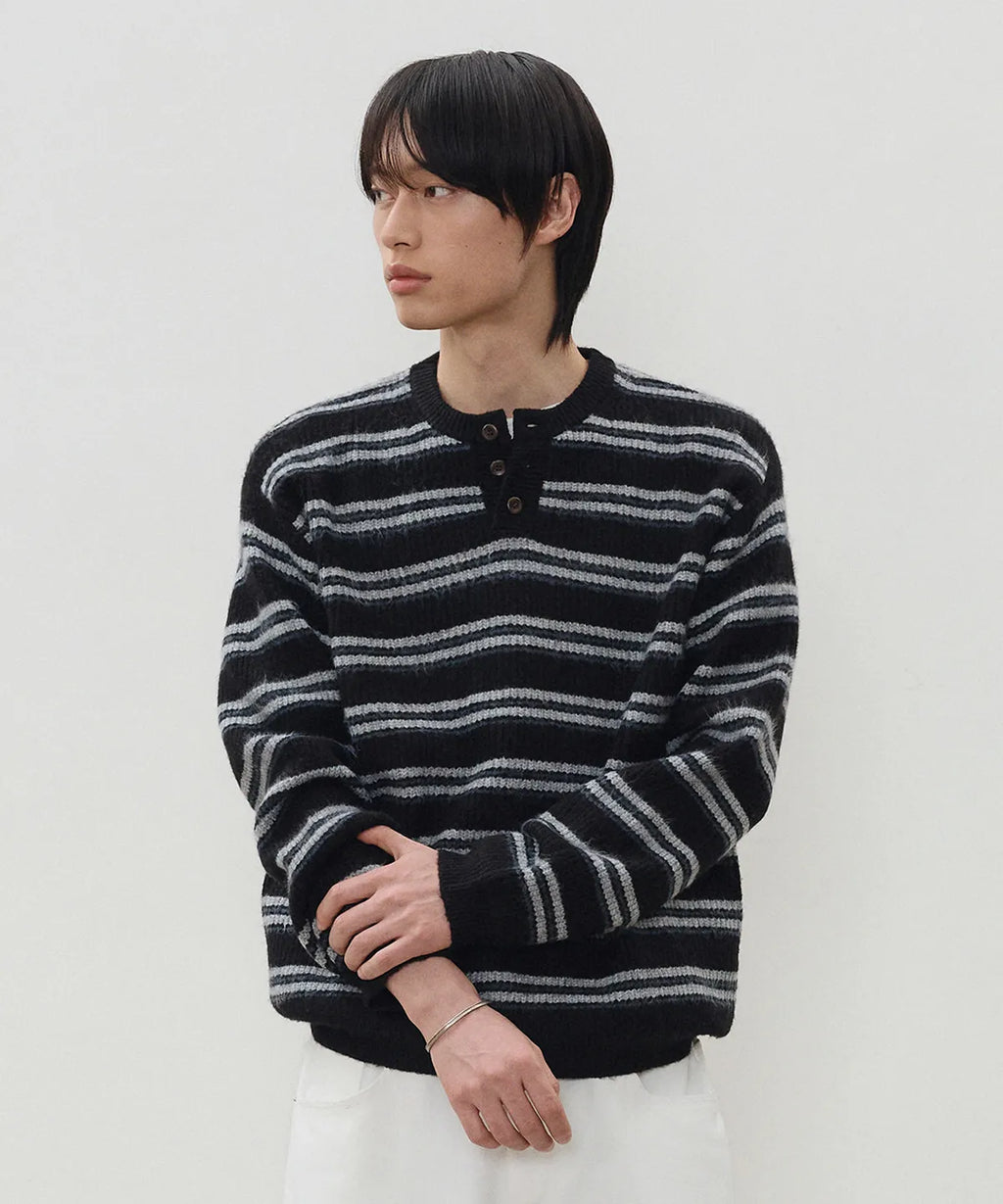 Ribbed Oversized Henley Neck Knit [Black ST]
