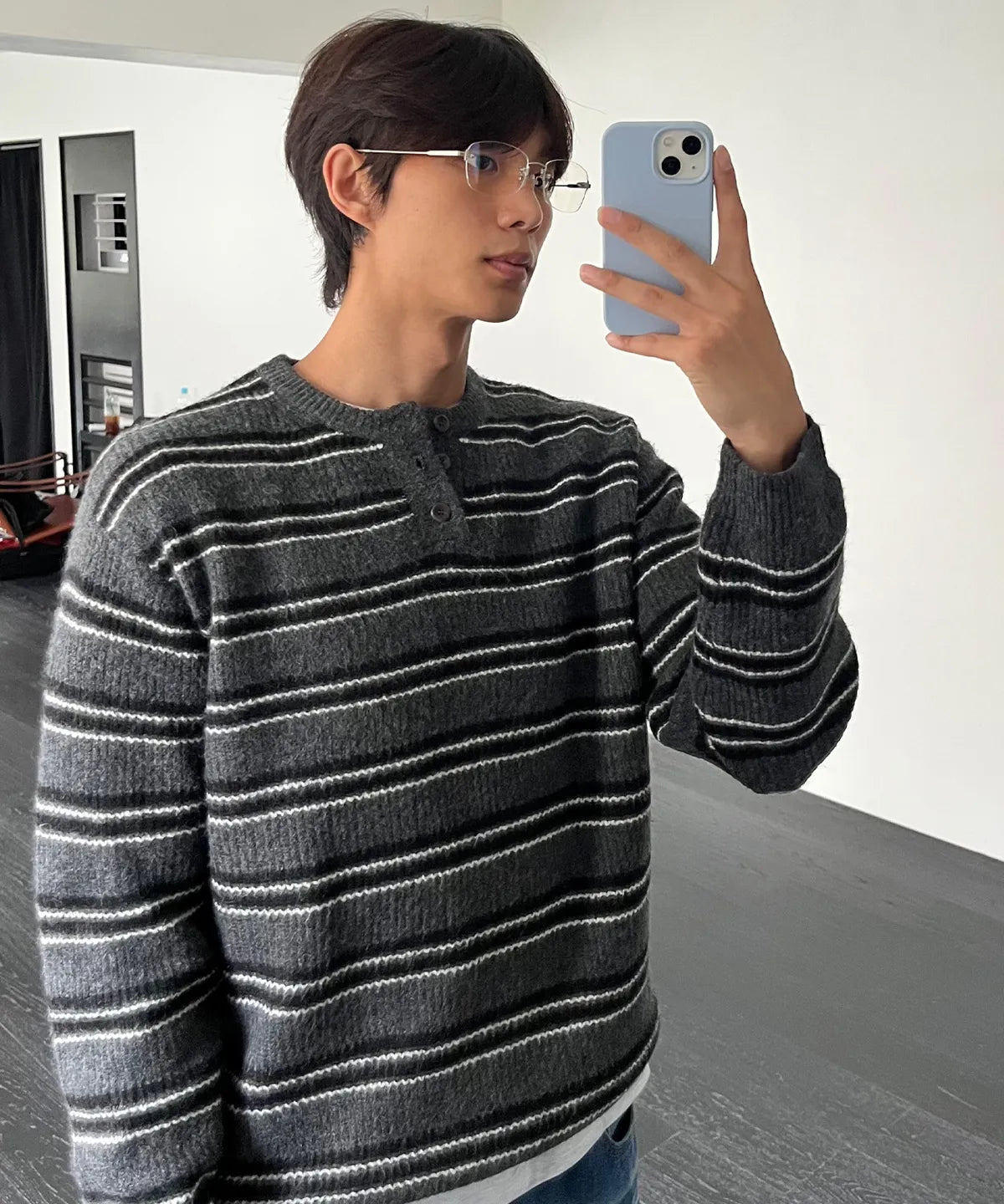 Ribbed Oversized Henley Neck Knit [Charcoal ST]