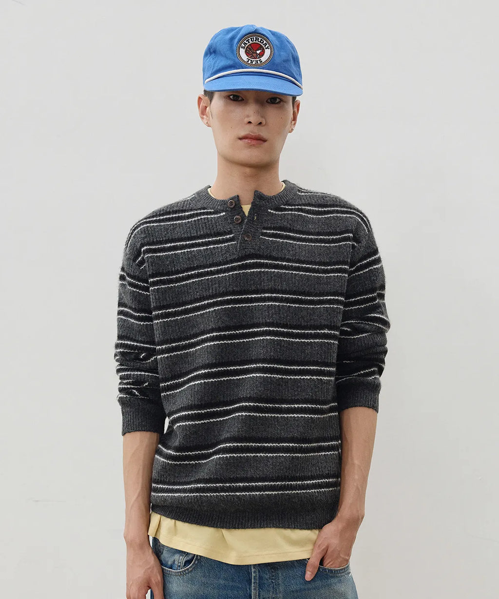 Ribbed Oversized Henley Neck Knit [Charcoal ST]
