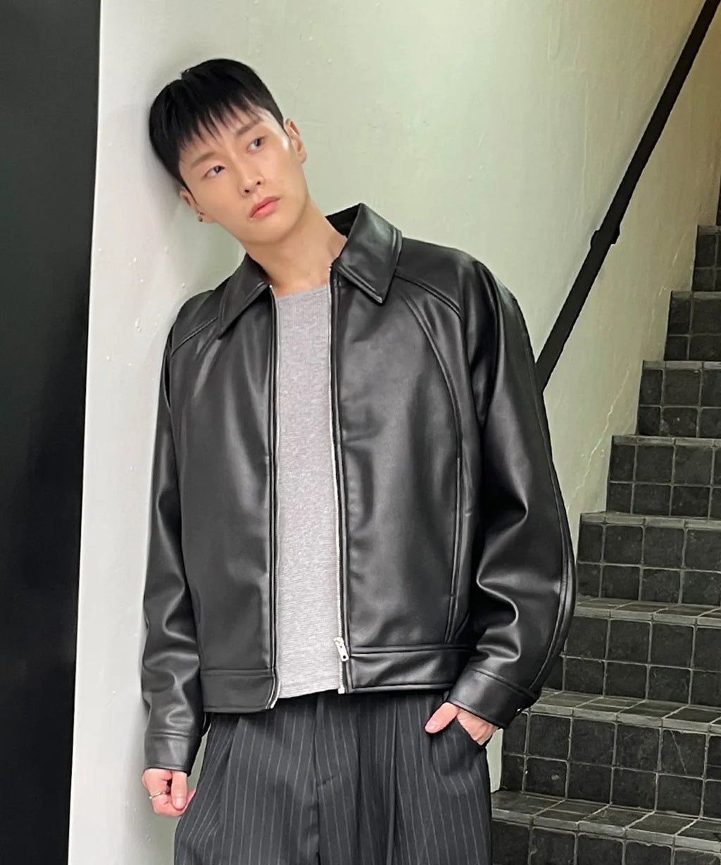 Leather Cropped Blouson Jacket [Black]