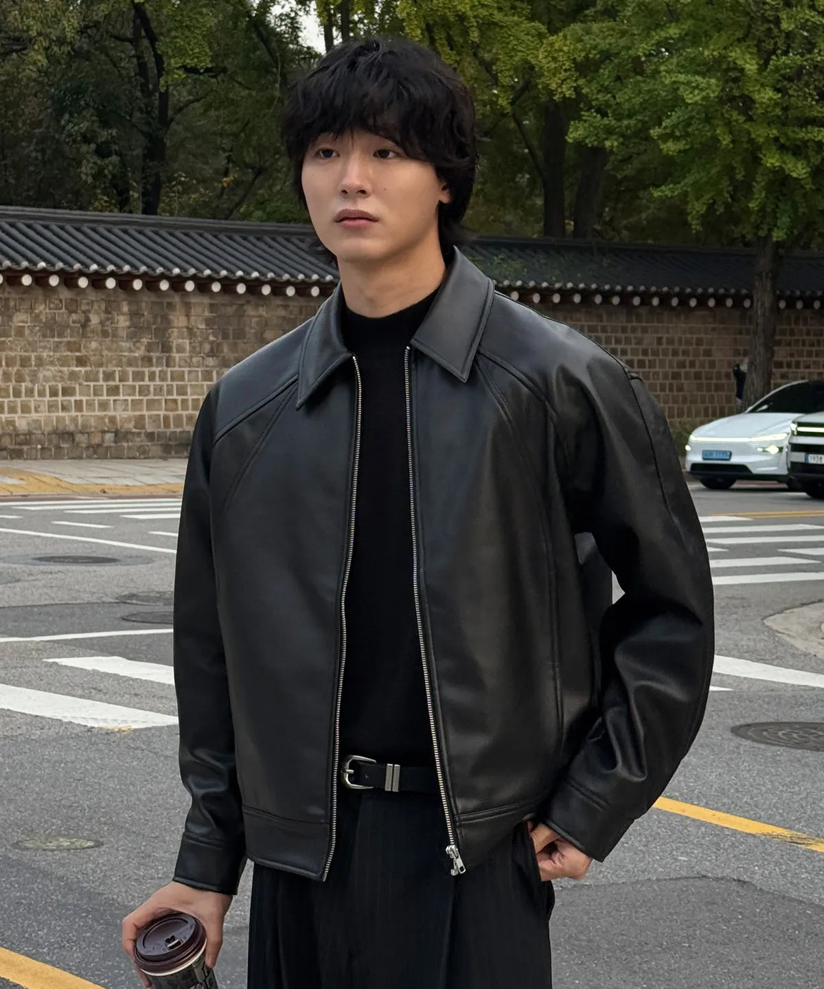Leather Cropped Blouson Jacket [Black]