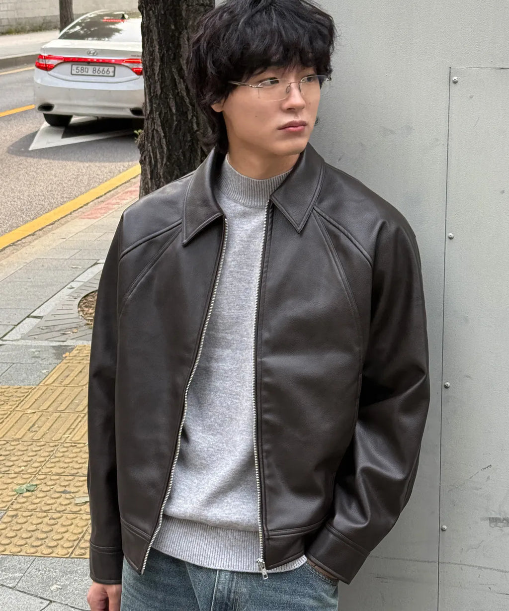 Leather Cropped Blouson Jacket [Brown]