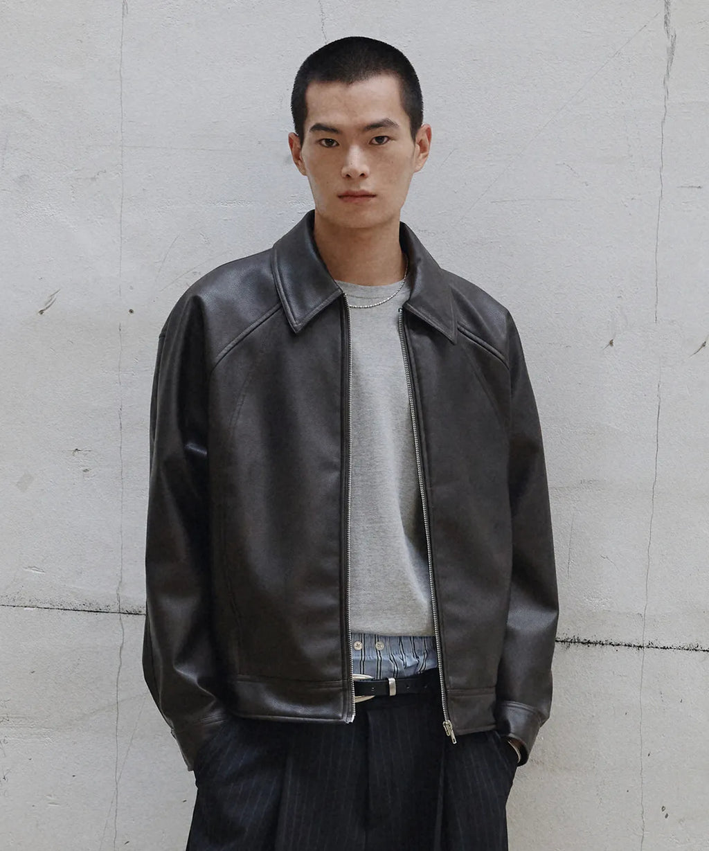 Leather Cropped Blouson Jacket [Brown]