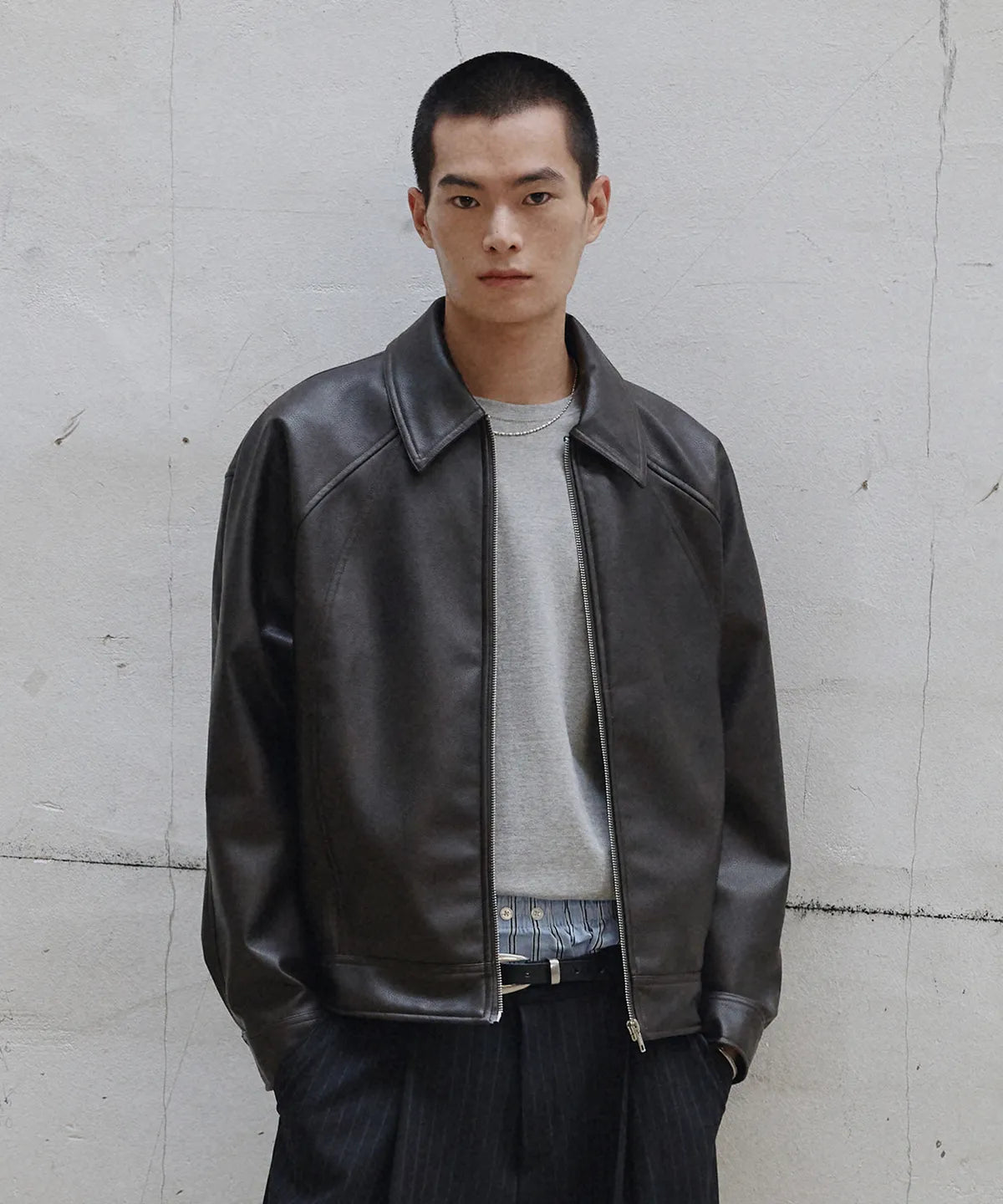 Leather Cropped Blouson Jacket [Brown]