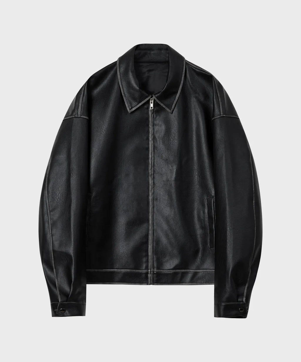 Vintage Washed Leather Jacket [Black]