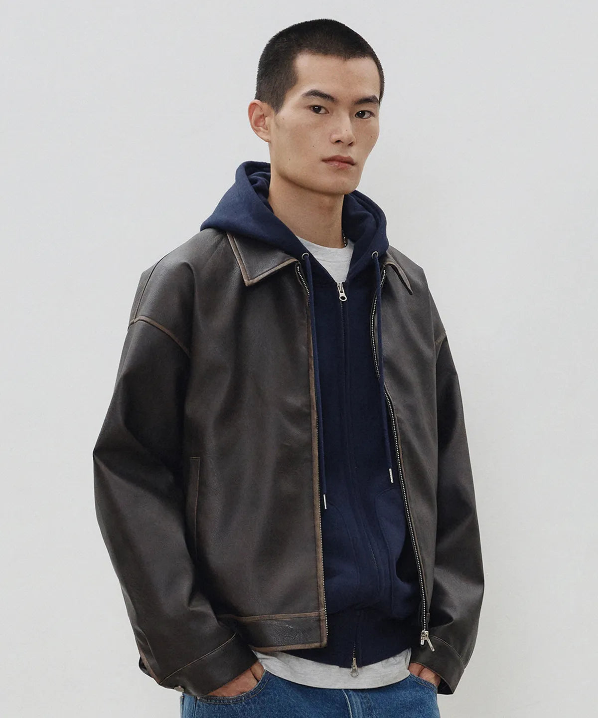 Vintage Washed Leather Jacket [Brown]