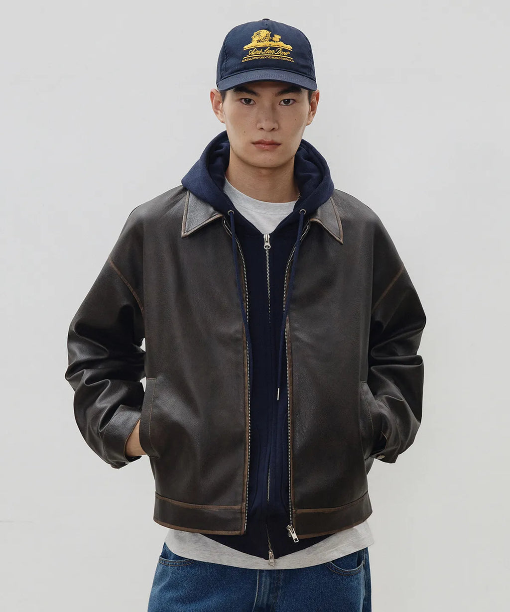 Vintage Washed Leather Jacket [Brown]