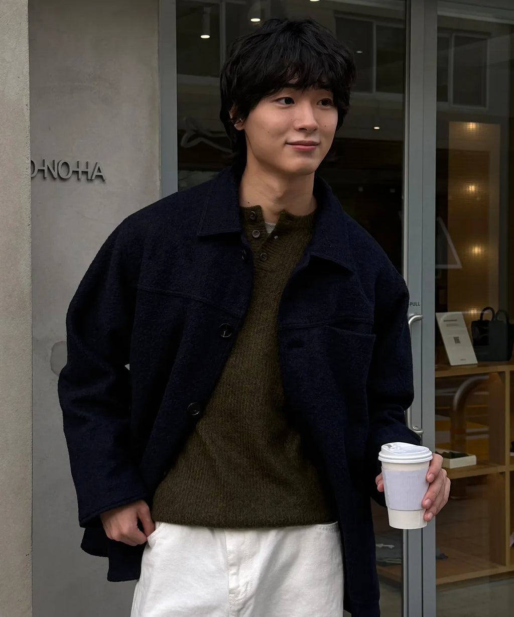 Wool Blend Boucle Half Coat [Navy]