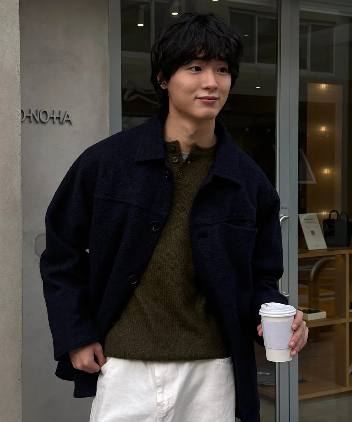 Wool Blend Boucle Half Coat [Navy]