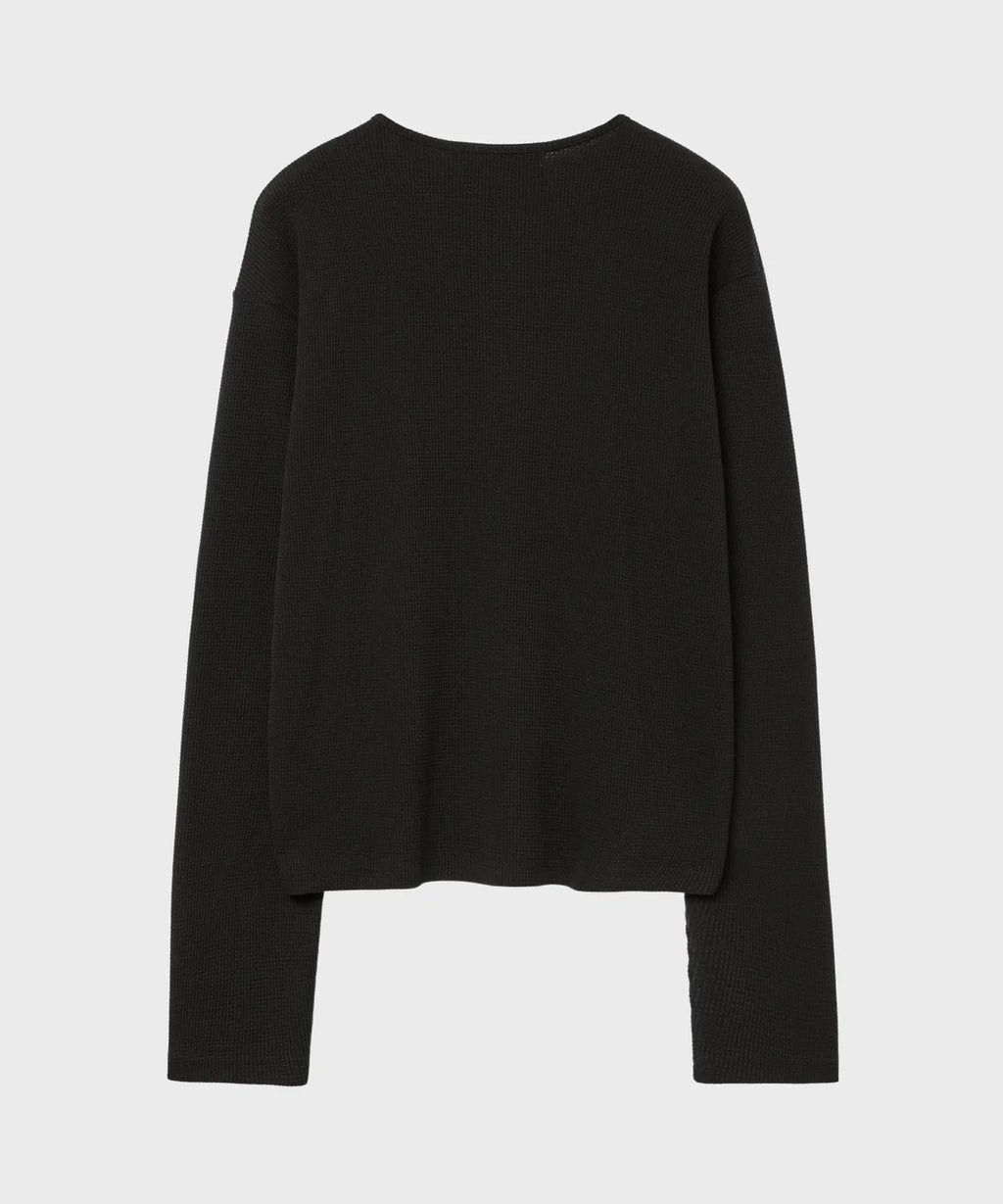 Waffle Henley Neck Crop T-shirt [Black]
