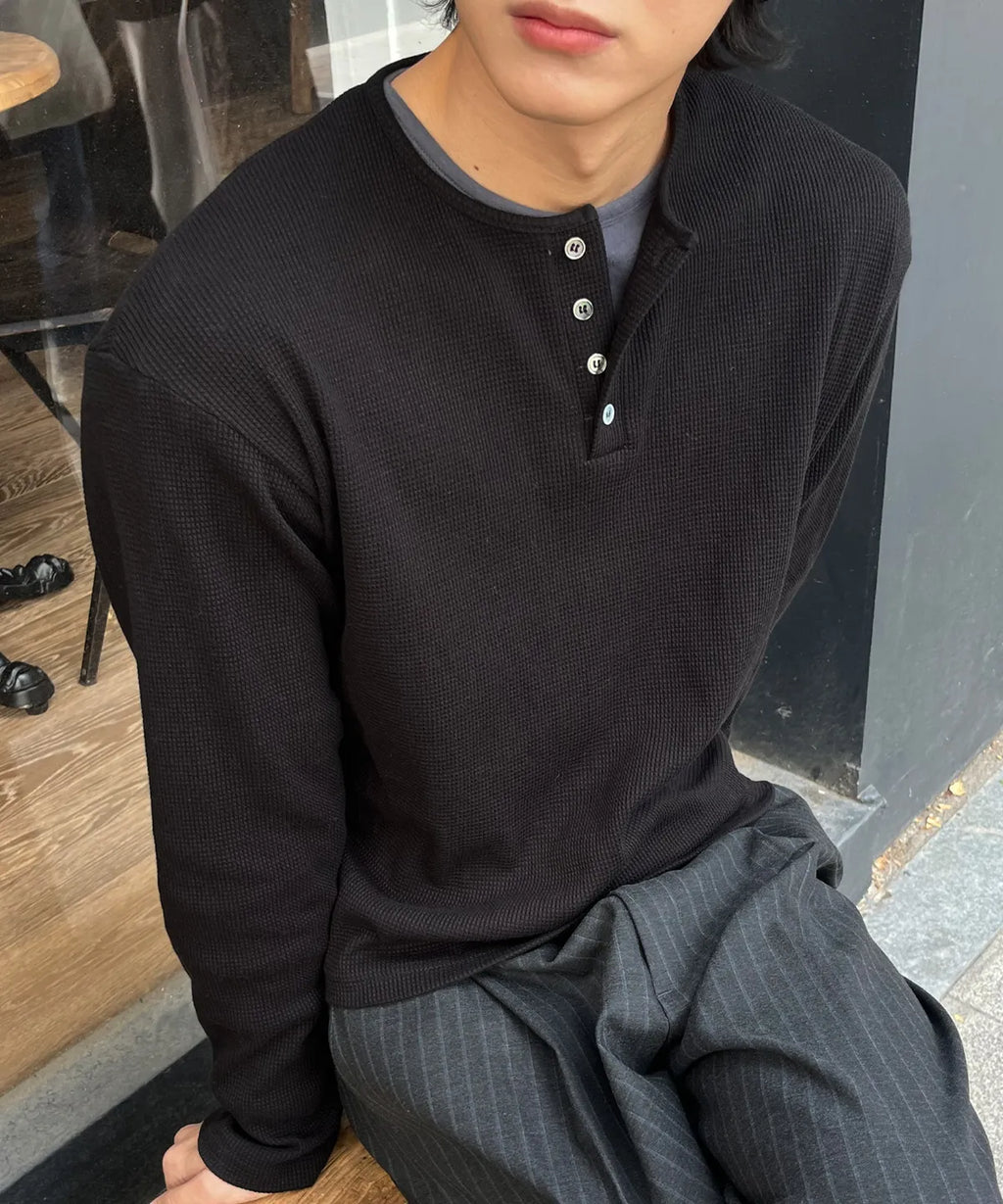 Waffle Henley Neck Crop T-shirt [Black]