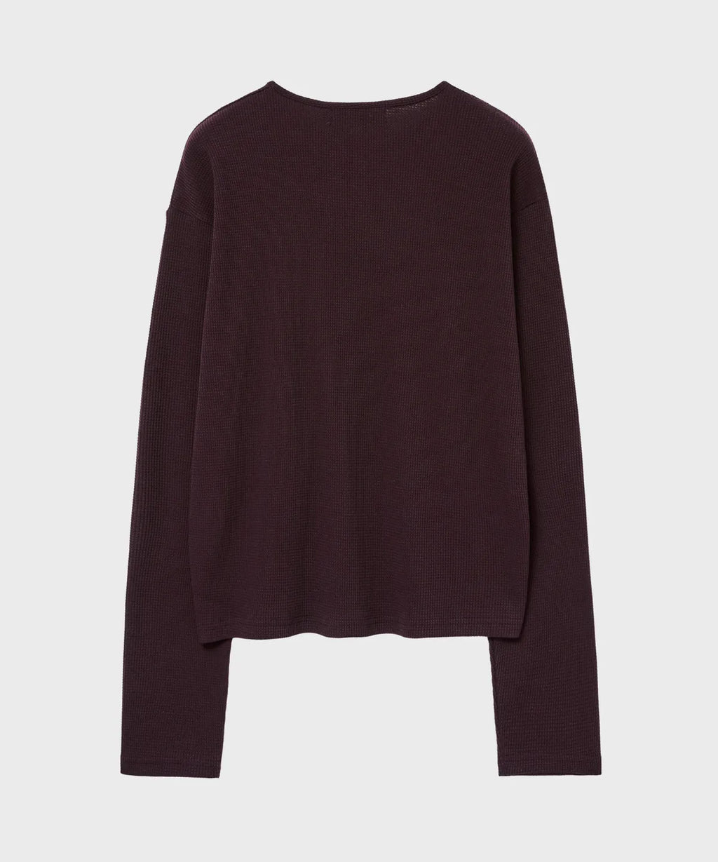 Waffle Henley Neck Crop T-shirt [Burgundy]