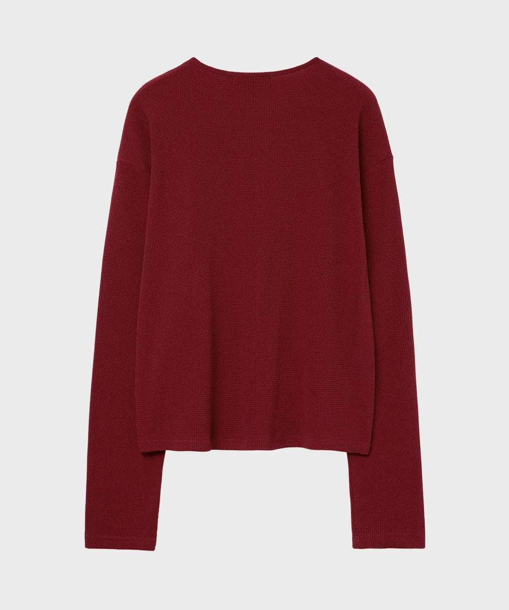 Waffle Henley Neck Crop T-shirt [Vintage Red]