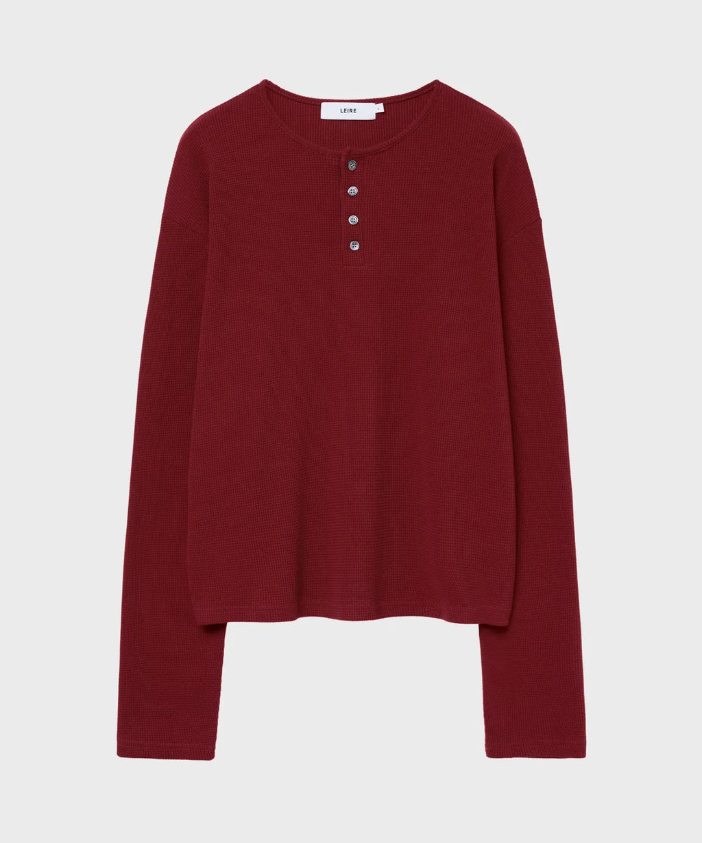 Waffle Henley Neck Crop T-shirt [Vintage Red]